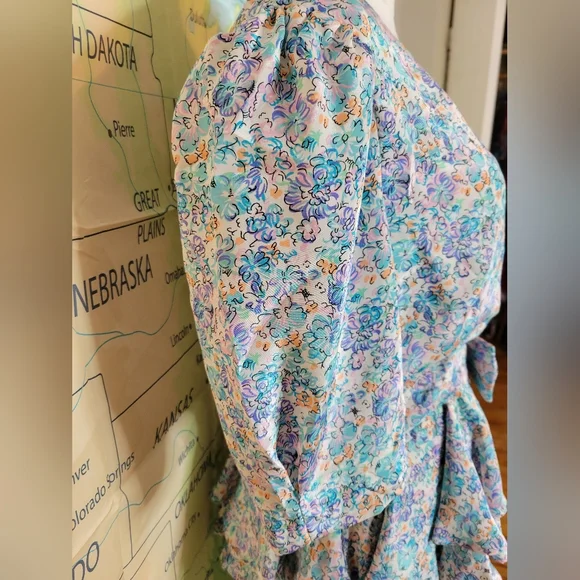 Vintage 1980sJT Dress Floral Wrap Dress with Blue and Pink Accents Size 10